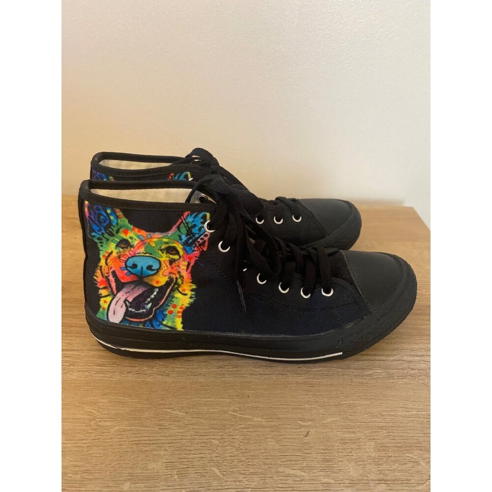 NWOT Black High Top Canvas Sneakers With Colorful Dog Graphic Design Size 8